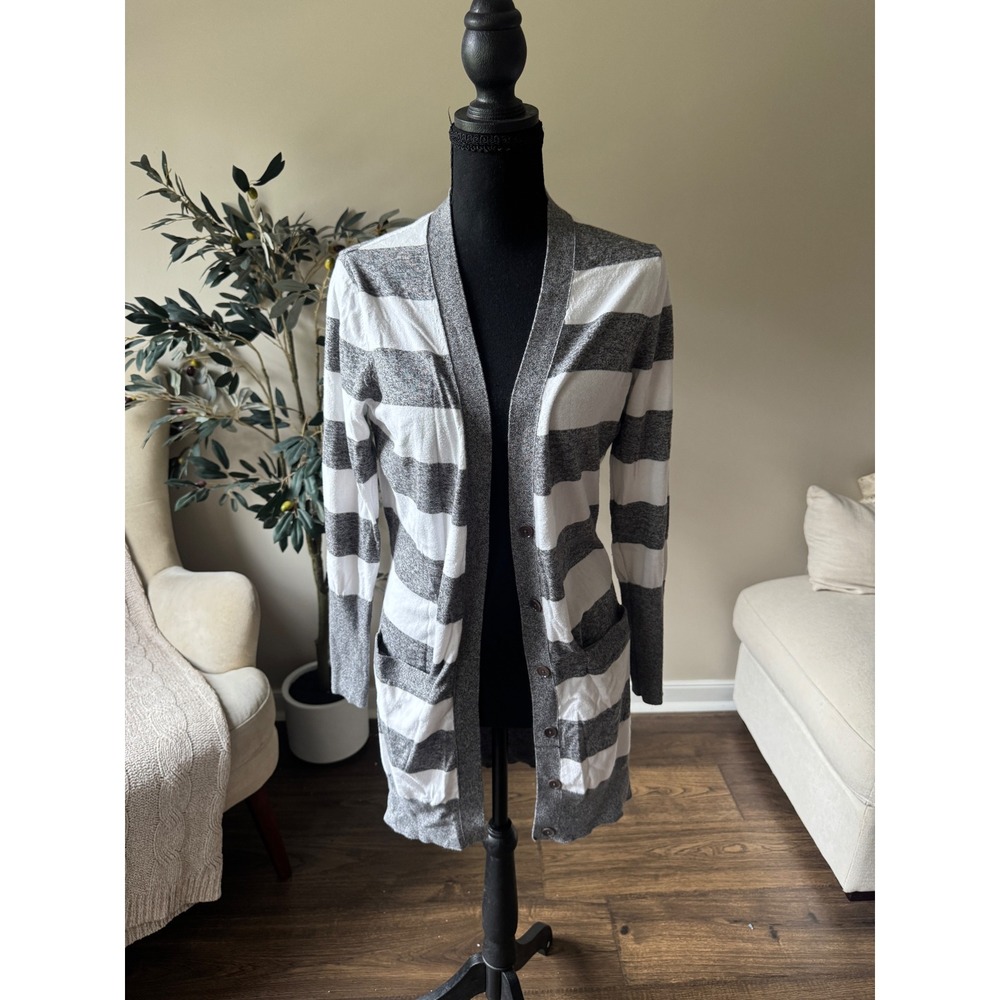 Gap Womens Slate Gray White Striped Longline Boyfriend Cardigan Sweater XS